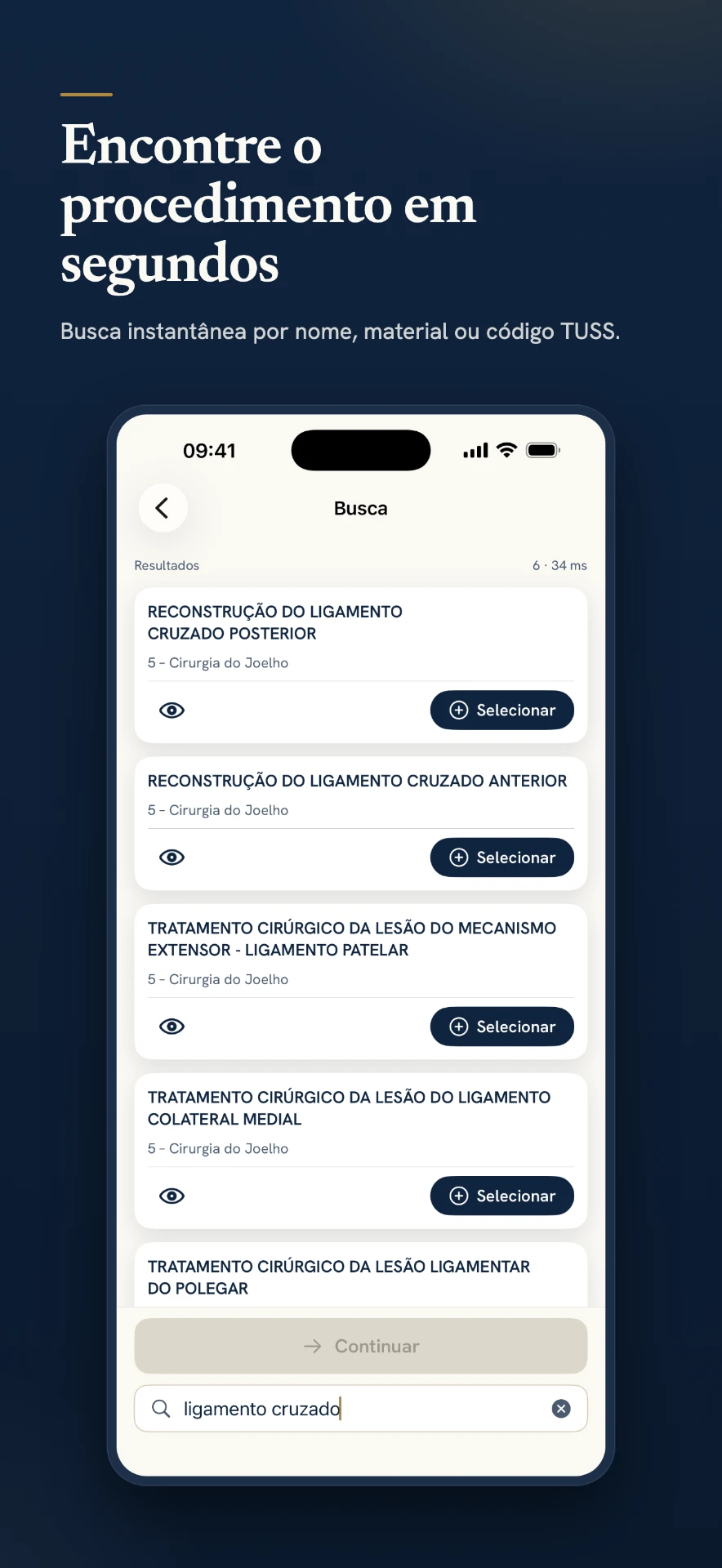 Busca instantânea de procedimentos por nome, material ou código TUSS