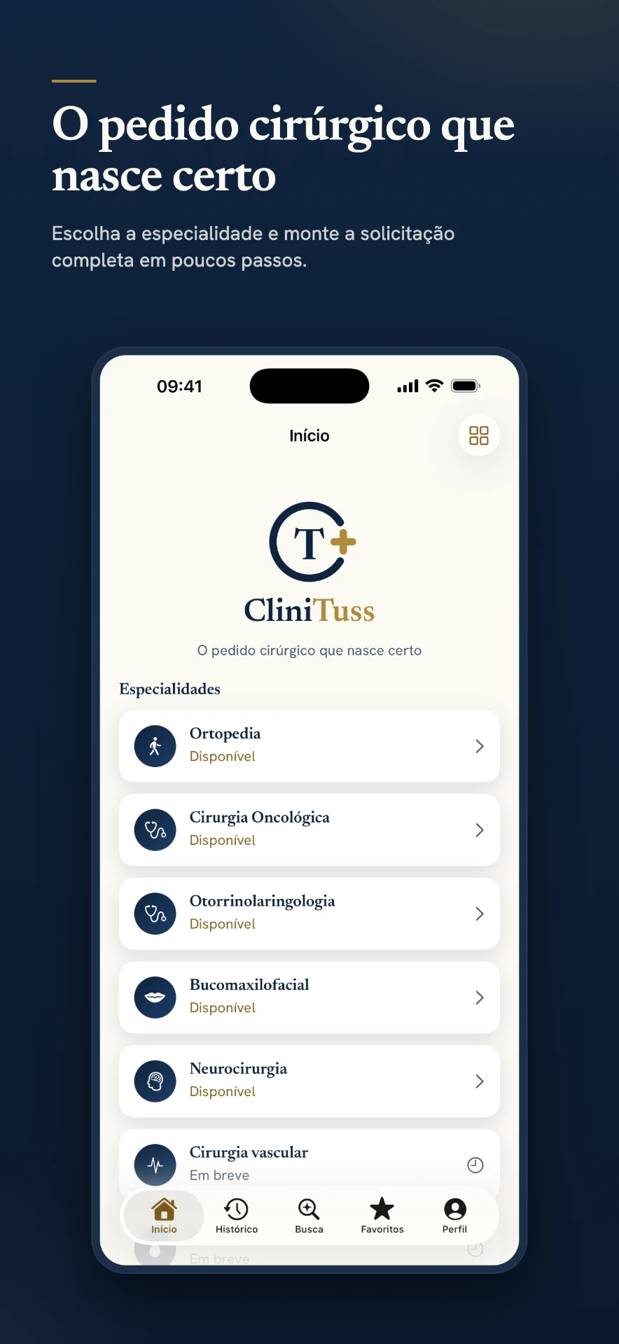 Tela inicial do app CliniTuss mostrando o logo, as especialidades e o menu de navegação