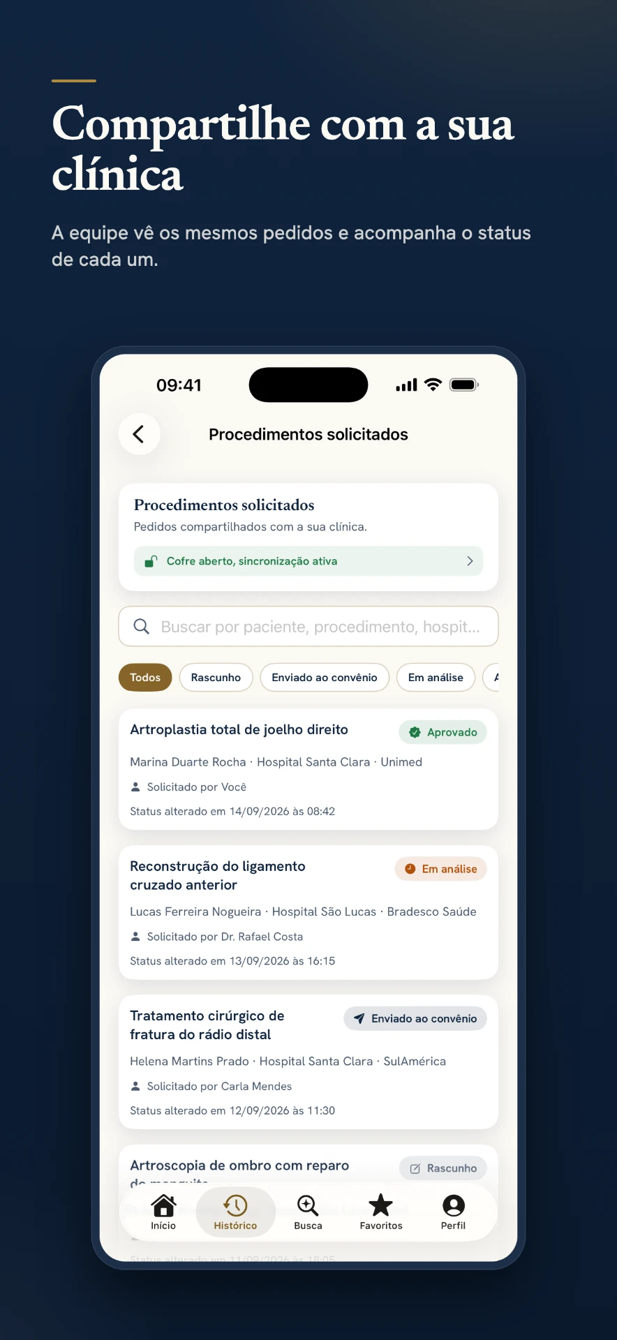 Procedimentos solicitados compartilhados com a clínica