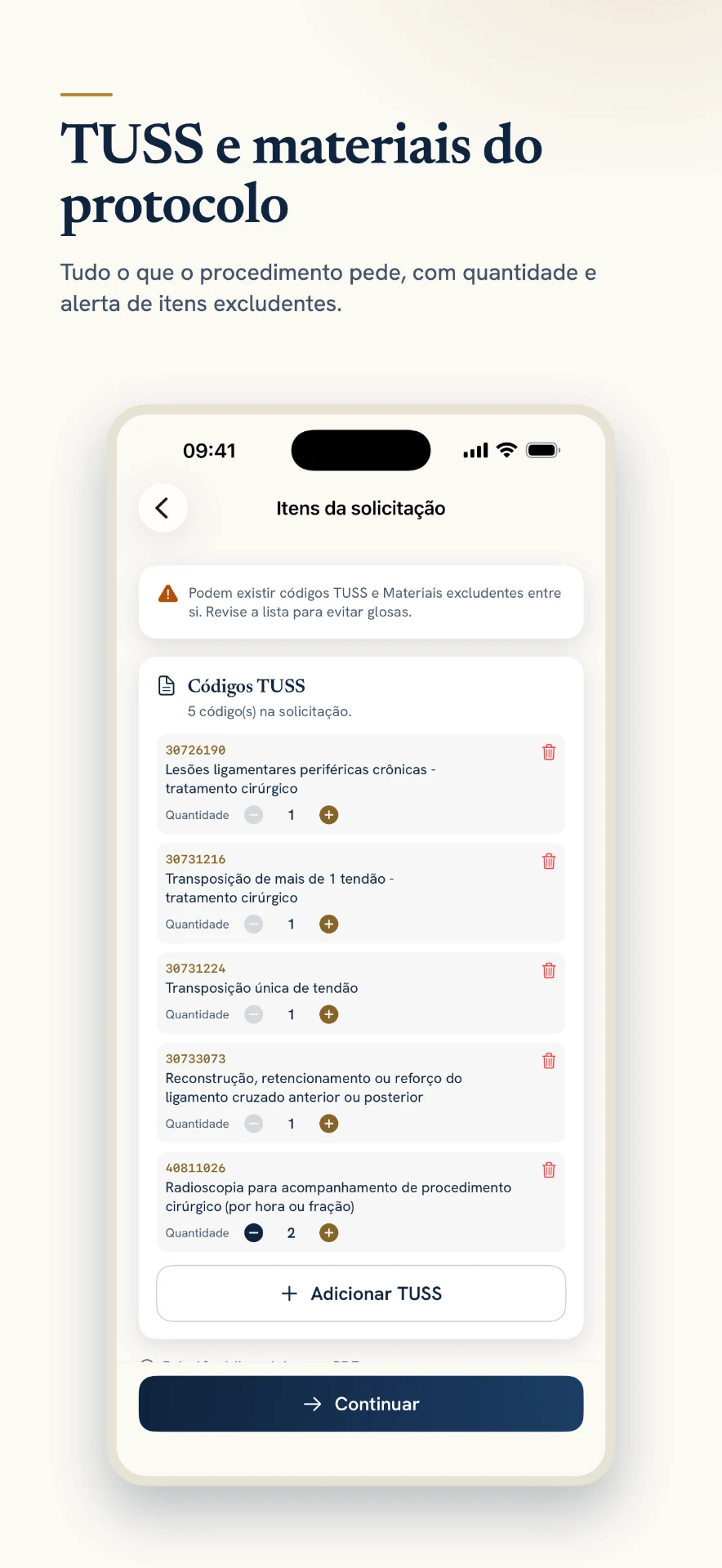 Itens da solicitação com códigos TUSS, quantidades e alertas
